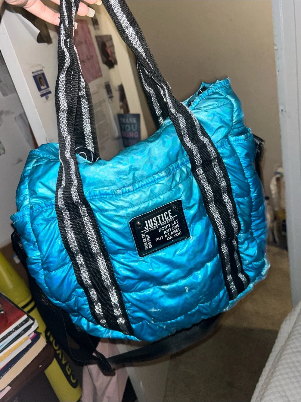Justice Bright Turquoise Quilted Tote with Black & White Striped Handles